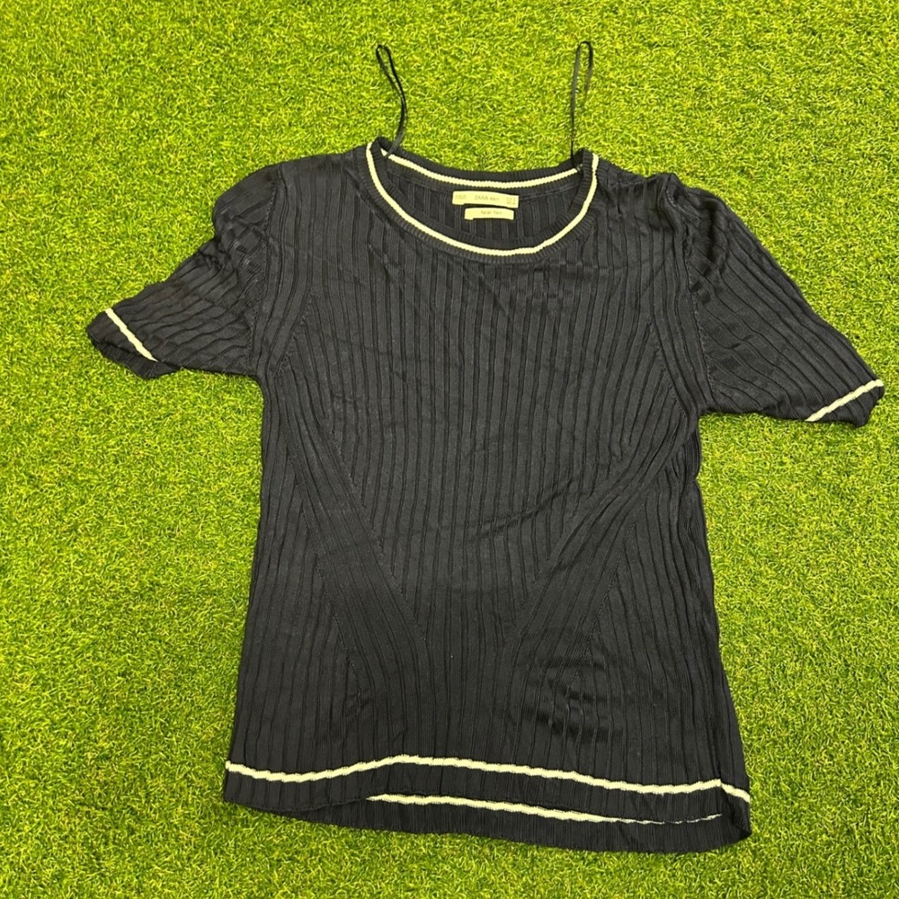 Zara Knit Italian Yarn Navy Blue Ribbed Short Sleeve Top White Trim Small